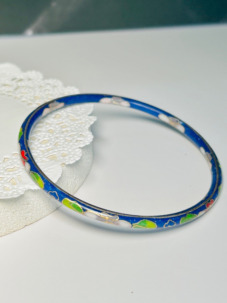 Vintage Cloisonn Blue Enamel Red Pink White Green Floral Bangle Bracelet 25$
